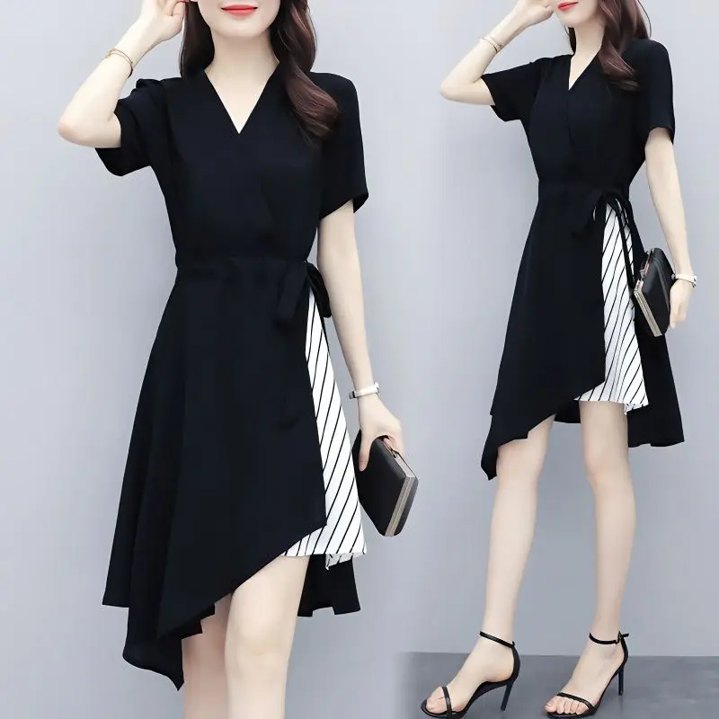 

Womne's Clothing Retro Fashion Elegant Dresses 2023 Summer New Black Age Reducing V-Neck Waist Shrinking Slim Long Skirt