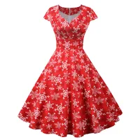 Fashion V-neck Short Sleeve Printed Christmas Dress Large Swing Vintage Elegant Xmas Party Dress - Image 2