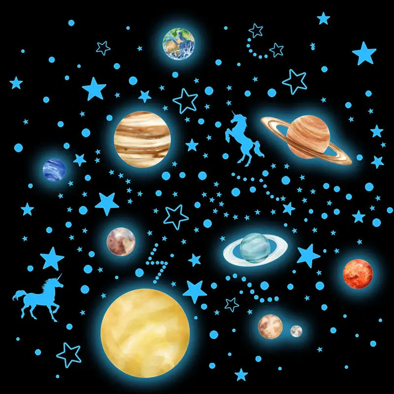 Glow in The Dark Unicorn Wall Stickers Stars Decal Glowing Ceiling Planets Shinning Space Gift for Boys Girls