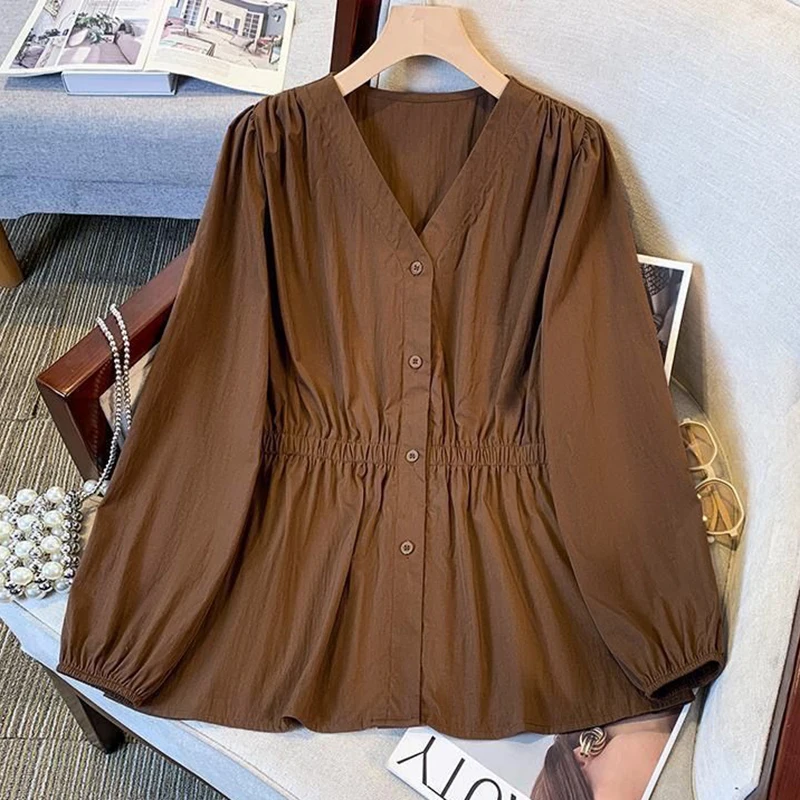 200 Pfund, Übergröße, einfarbig, V-Ausschnitt, elastische Taille, langärmelig, einreihiges Hemd und Bluse, einfaches Oberteil, lässige Damenbekleidung – Detail 2