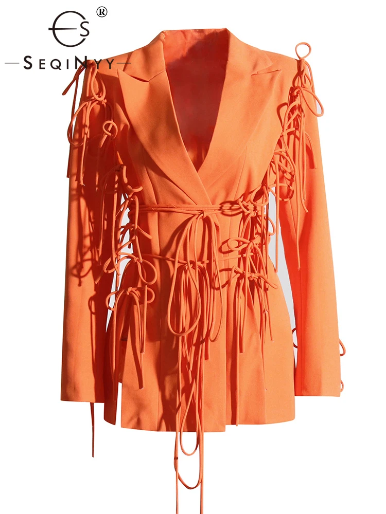 

SEQINYY Elegant Blazer Spring Autumn New Fashion Design Women Runway High Street Lace-Up Cross Slim Office Lady