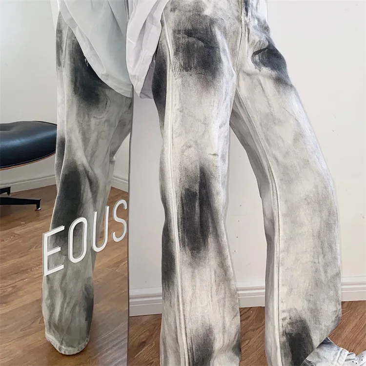 Large Size Women's Splash-Ink Tie-Dyed Jeans High Waist Slimming Drape Wide Leg Straight Long Pants cyber fashion low rise jeans