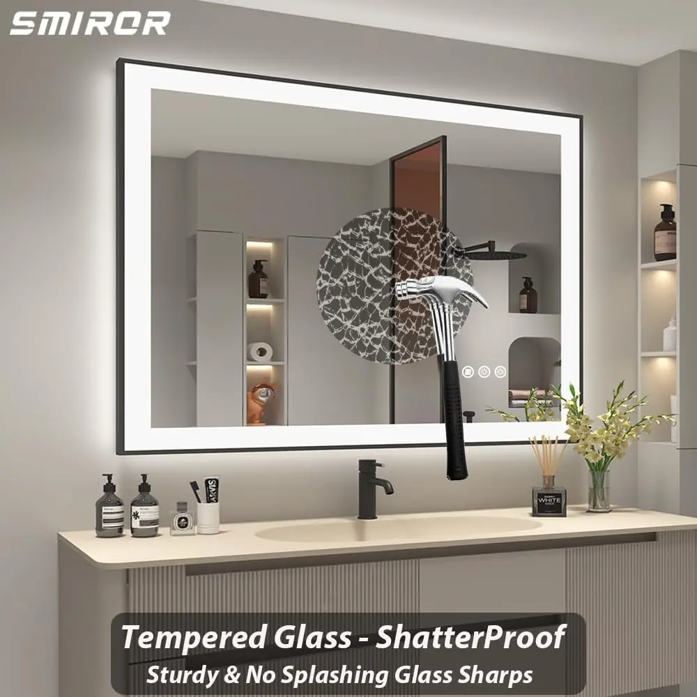 Lighted Mirrors with Black Frame for Bathroom Wall Smart Led Vanity Mirrors Front and Backlit Dimmable Anti-Fog Memory