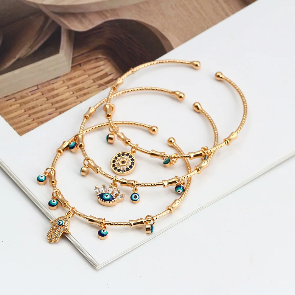 Bangle Bracelet Chain Bracelet Lucky Eye Turkish Blue Evil Eye Bangle Copper Adjustable Fatima Hand Charm Cuff Bracelet for Women Girls Men Jewelry BE602