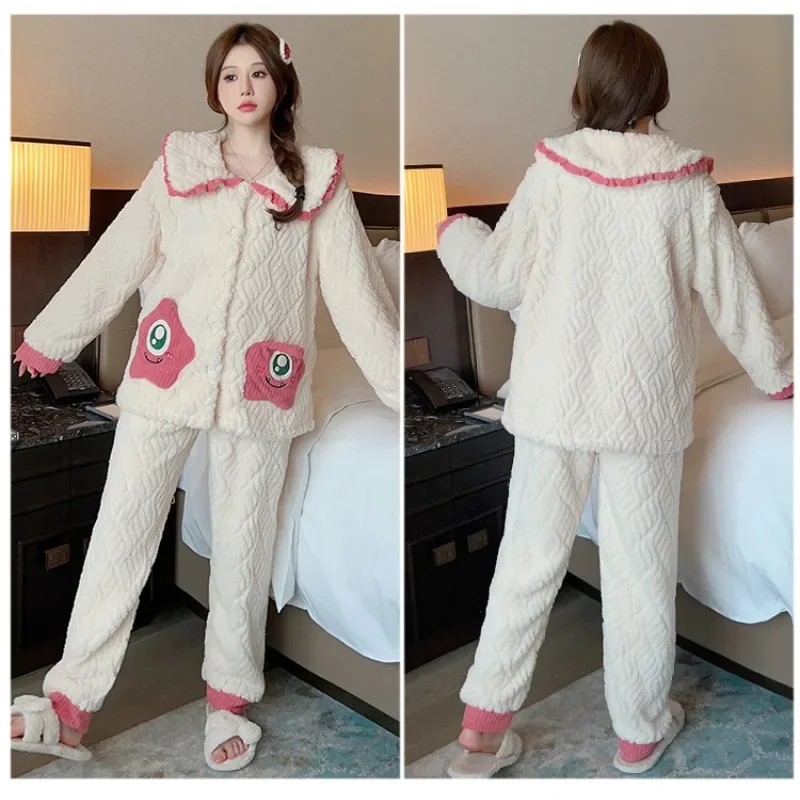 Women Pajamas Set women pajamas set women pajama suit 125kg Large Size Winter Plush Pajamas Set Women Sweet Cardigan Long Sleeve Trousers Loungewear Thicken Warm Fluffy Sleepwear