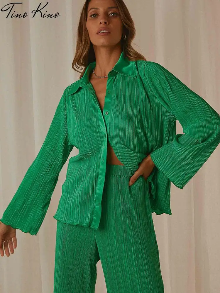 

Women Pleated Green Shirts Pants Two Piece Set Summer Casual Long Sleeve High Waist Pant Suit Female 2022 Lady Streetwear Sets