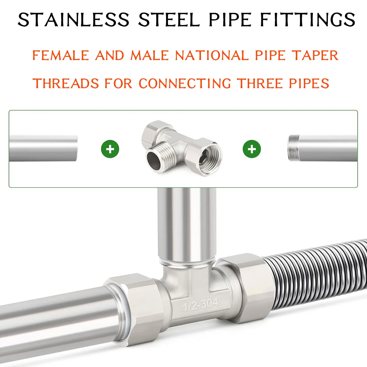 Stainless Steel 3-Way Diverter Thickened Male and Female Tee Flexible Removable Cap Connector T-Adapter