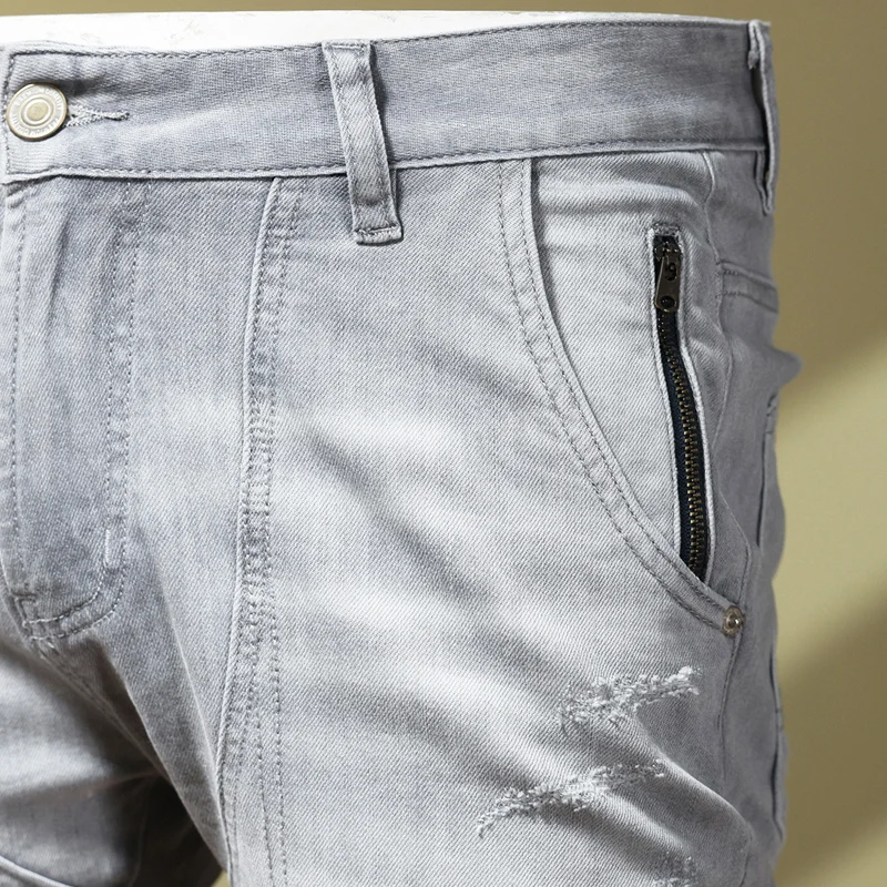 Street Fashion Men Jeans Retro Light Gray Elastic Stretch Skinny Fit Ripped Jeans Men Embroidery Patched Designer Hip Hop Pants