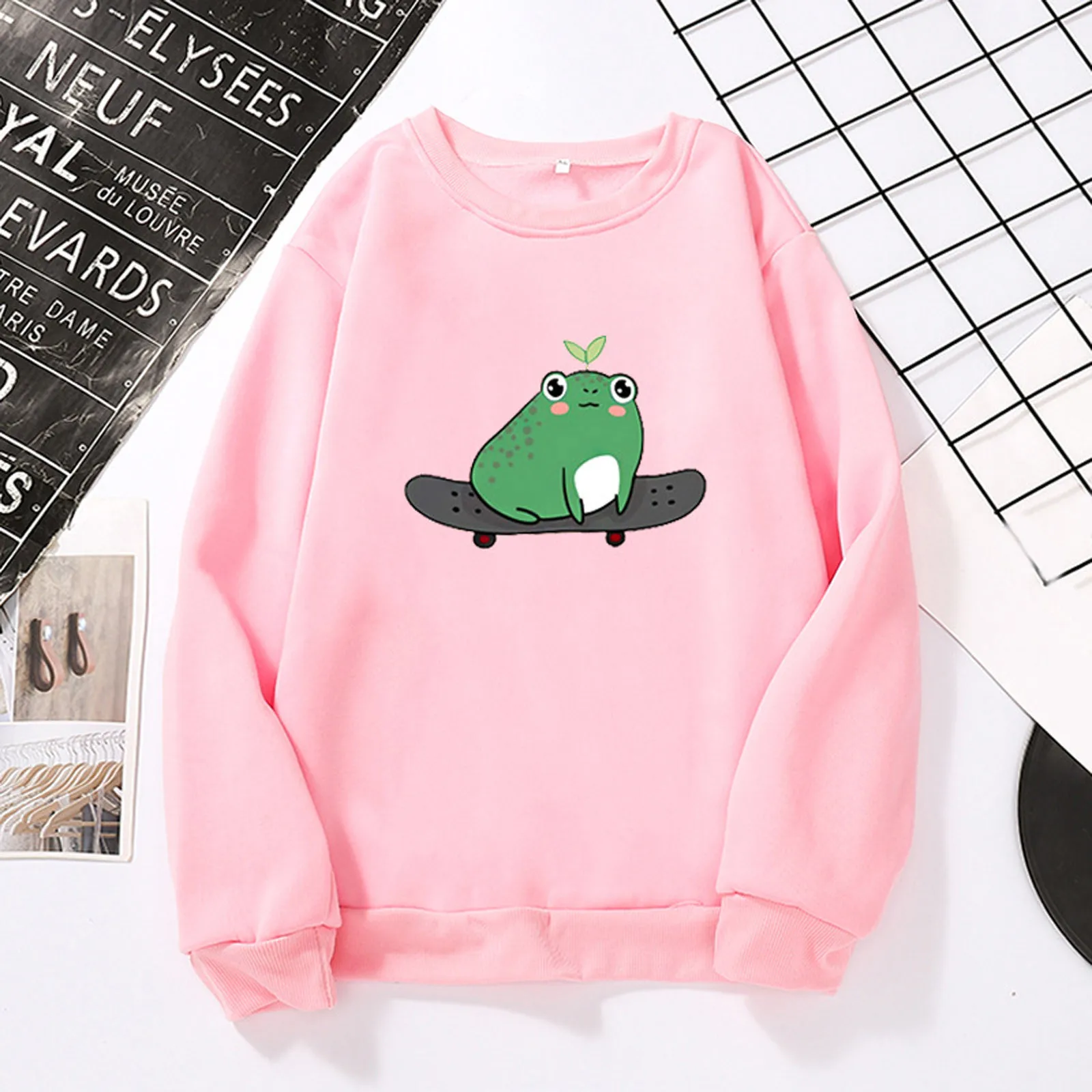 Long Sleeve Cute Hoodies Womens Animal Frog Printed Sweatershirt Loose Pink Hooded Blouse Tops Autumn Womens Work Tee Shirts