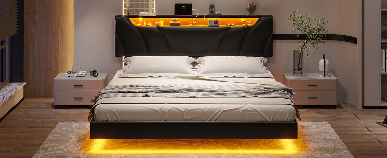 Description Picture 5 of itemQueen Floating Bed Frame with Storage Headboard and LED Lights Queen Size Visual Floating LED Bed Frame with Type-C & USB Port