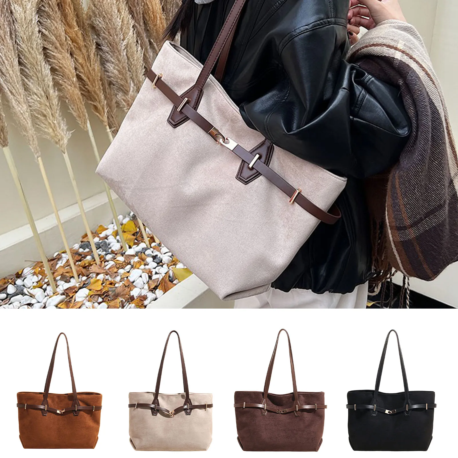 PU Leather Frosted Shoulder Bag Solid Color Simple Tote Handbag Faux Suede All-Match Underarm Bag Work Date Shopping Handbag