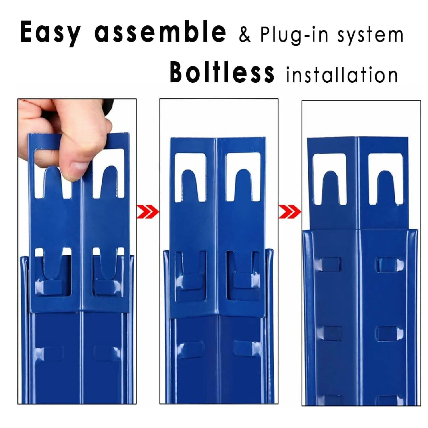 Hands adjusting shelf height on the blue metal rack