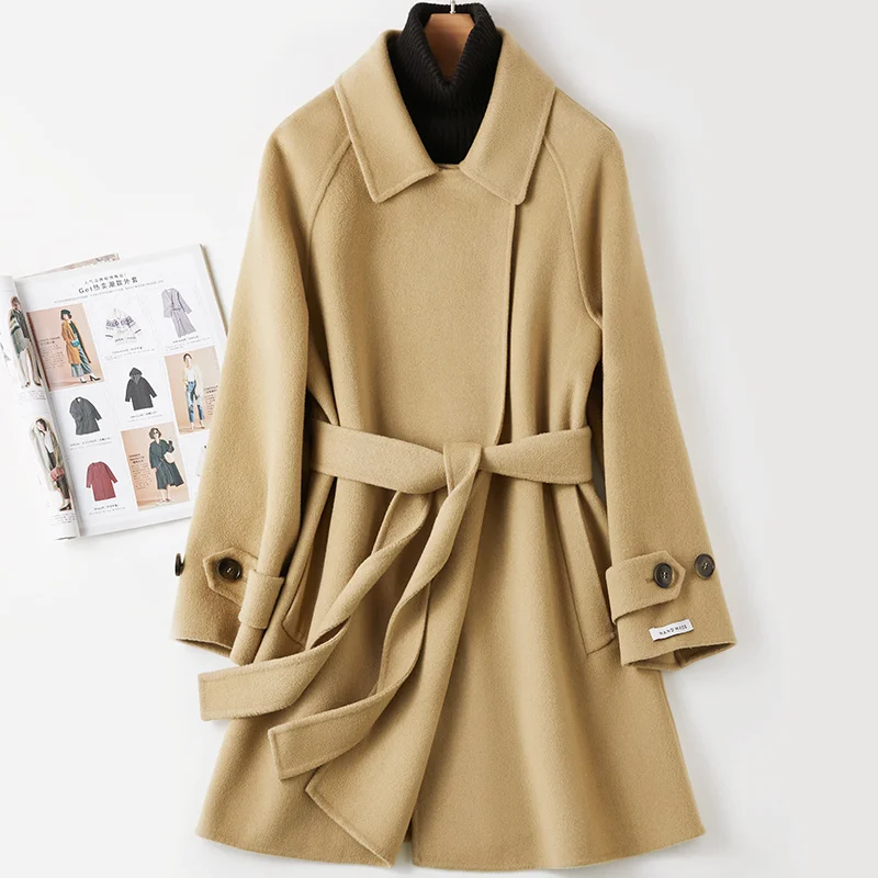 

2023 Live Welfare Autumn/winter New Double Sided Cashmere Coat Women's Mid Length 100 Pure Wool Fabric Coat