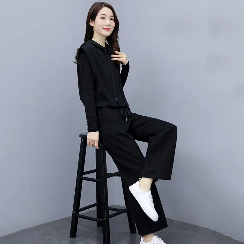 

1 Set Women Suit Black Tops Hooded Vest Coat Elastic Waist Wide Leg Pants Three-piece Set Spring Autumn Ladies Elegant Leisure