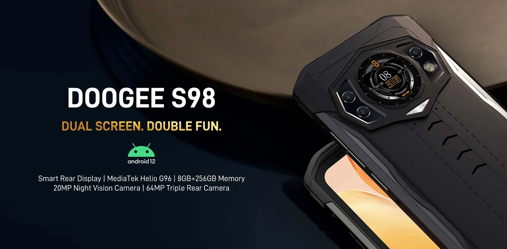 World Premiere DOOGEE S98 Rugged Phone 6.3"FHD Display Rear Mini Display SmartPhone Helio G96 Octa Core 8+256GB 64MP 33W 6000mAh