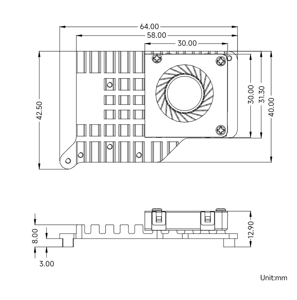 Raspberry Pi 5 PCIe auf M.2 Mini NVMe SSD-Karte (E) mit maßgeschneiderter aktiver Kühler zusammen Waveshare PCIe auf M.2-Adapterplatine (E – Detail 14