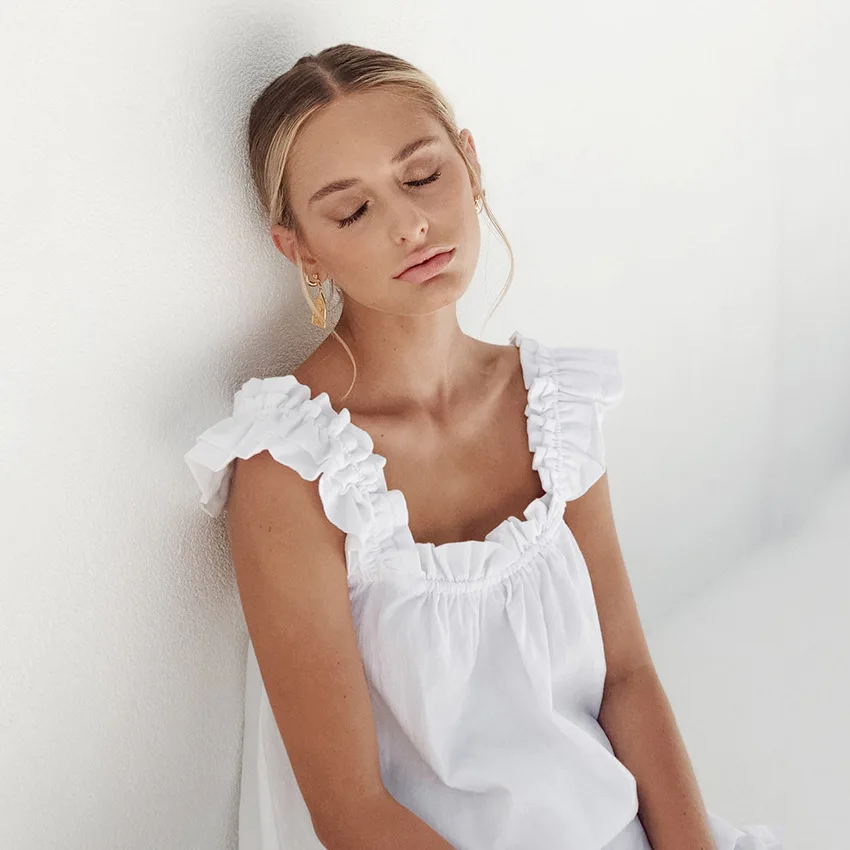 2 Pieces Women 100% Cotton Pajamas Square Neck Sleeveless Tops & Shorts Nightwear Loose Sleepwear Ladies Homewear Loungewear