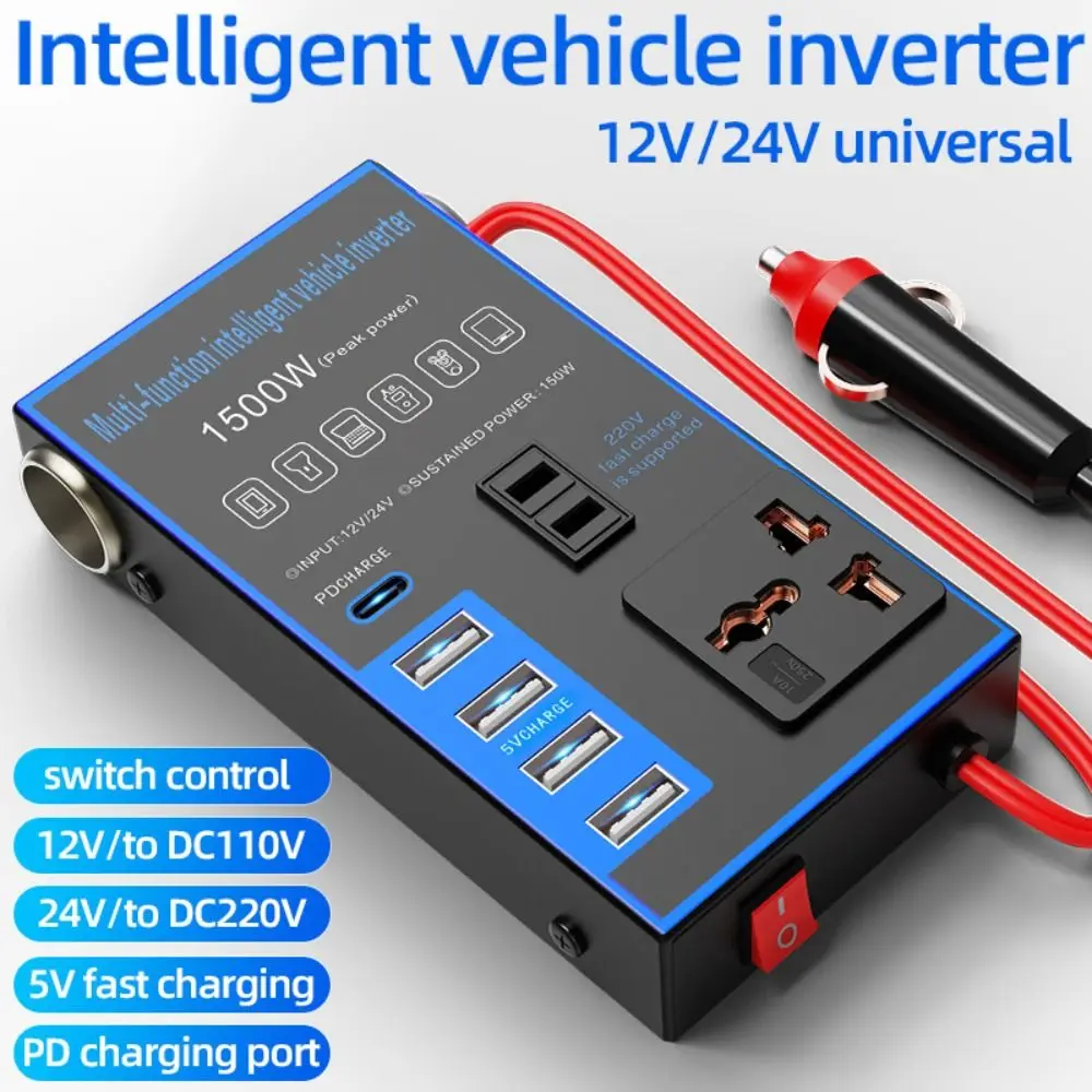휴대용 범용 자동차 인버터 DC 12V/24V에서 AC 220V 고출력 자동차 변환기 소켓 4 USB/PD 1500W 전원 어댑터