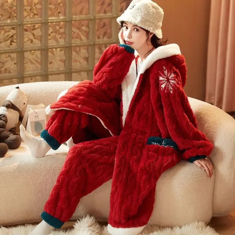 New Winter Women's Flannel Pajama Suit Coral Velvet Pajamas Long Nightgown Household Suit Plush Thicken Korean Fashion