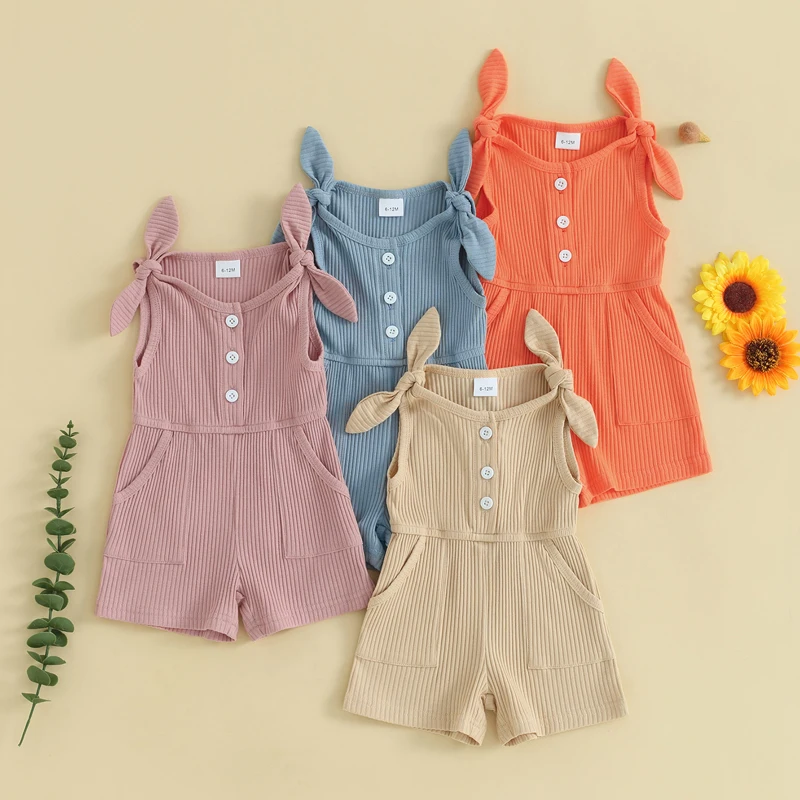 

New Toddler Girls Rompers Solid Color Sleeveless Ribbed Knitted Jumpsuit Shorts Overalls Baby Bodysuits Summer Clothes 6 M-4 T
