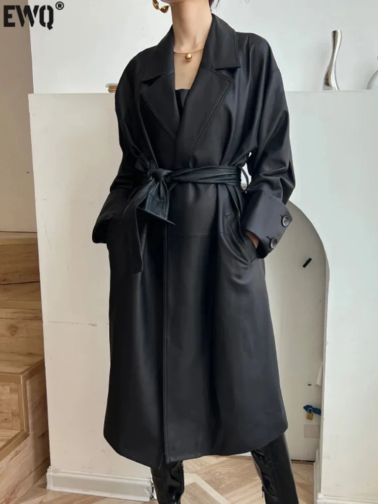

[EWQ] Black Fashion Long Sleeve Loose Motorcycle Bomber Waist Belt loose Women PU Leather Jackets Coat 2023 Autumn Winter 16U622