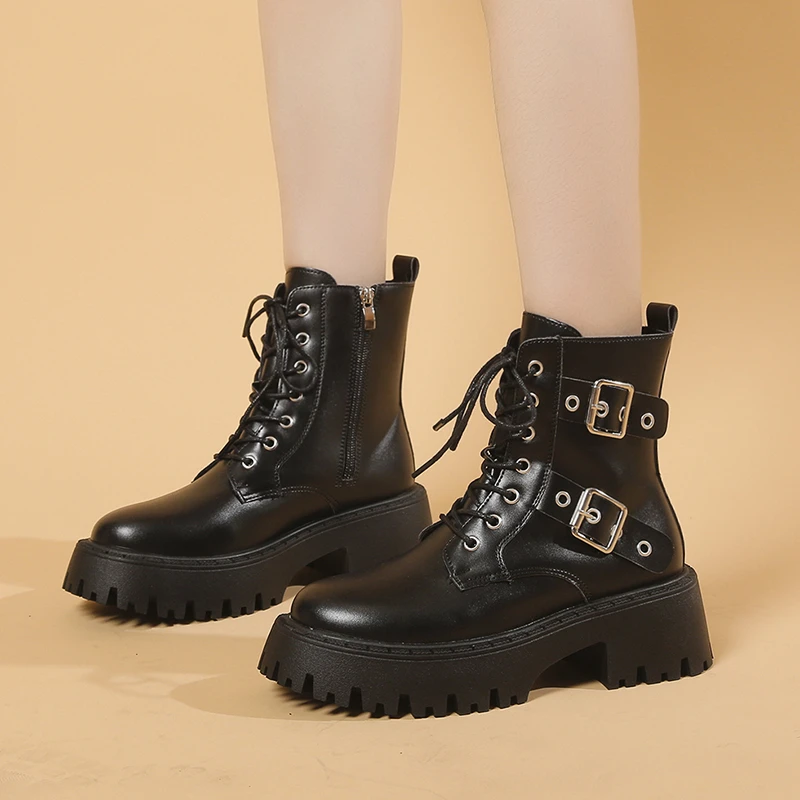 

Женские ботинки на шнуровке, зимние ботинки в британском стиле, с круглым носком, на массивном каблуке, на молнии, 2023