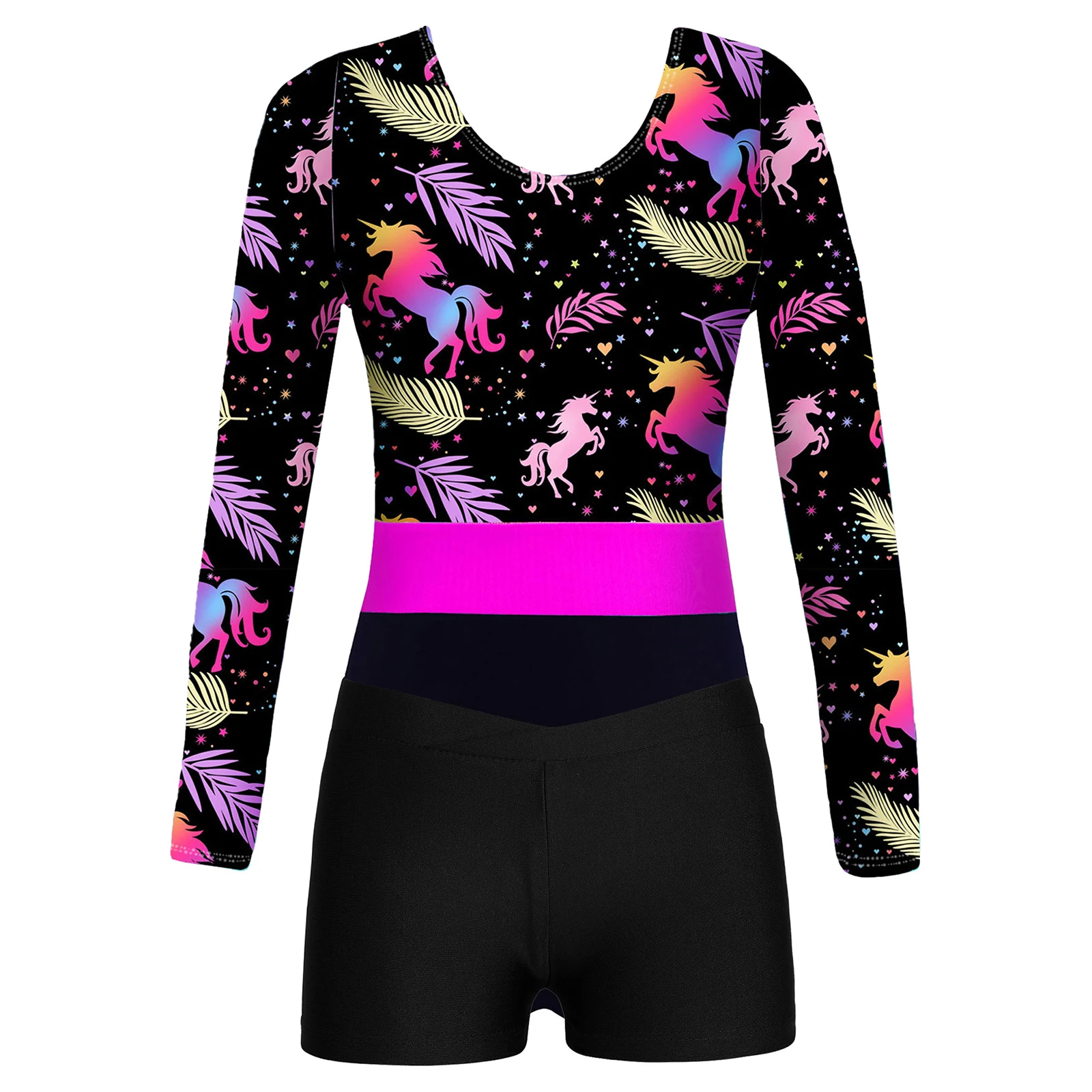 Kids Girls Long Sleeve Printed Gymnastics Leotard with Shorts Yoga Sportswear Performance Dancewear Childs Ballet Dance Outfit