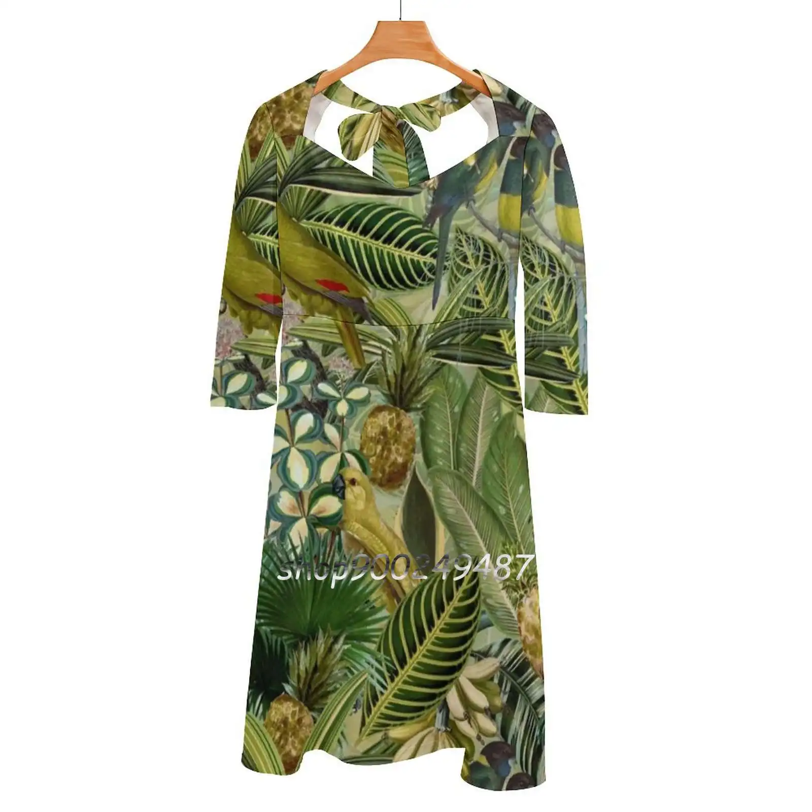 

Vintage Green Tropical Bird Jungle Garden Flare Dress Square Neck Dress Elegant Female Fashion Printed Dress Animals Birds Bird