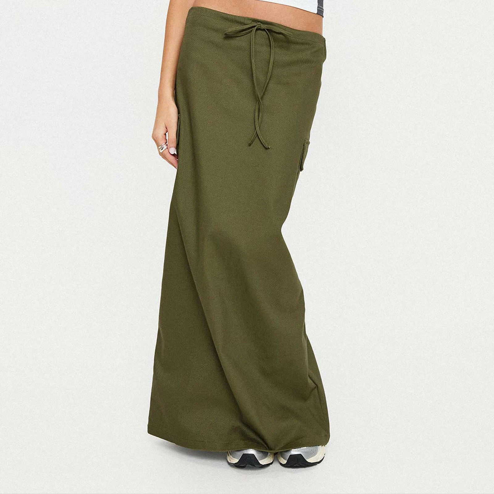 

Women Cargo Skirt Casual Solid Color Drawstring Split Long Skirt with Pockets for Beach Vacation Club Streetwear