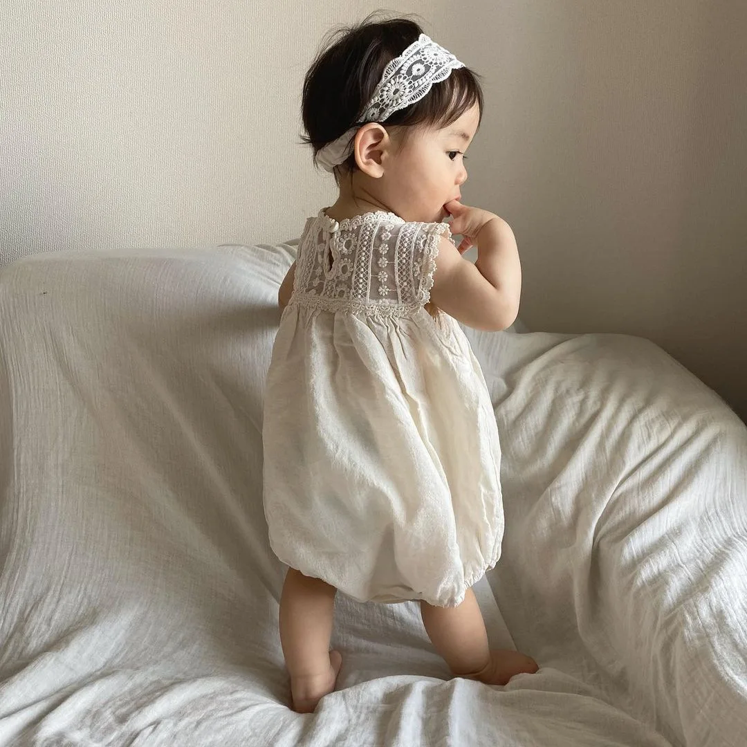 

FINEPAT Baby Lace Clothes 2024 Summer Fashion Lace Flower Woven Cotton Girl's One Piece Clothes Princess Climbing Clothes