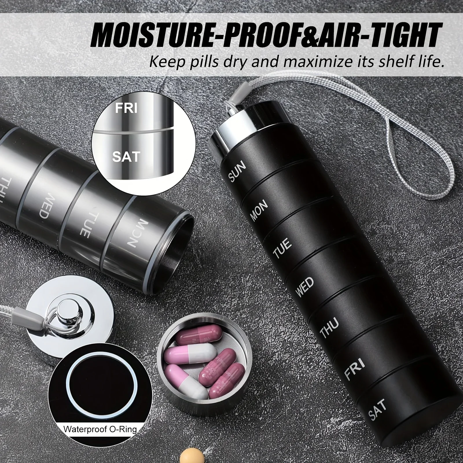 Metal Pill Organizer Weekly Waterproof Travel Pill Box Portable Travel Bottle 7 Day Pill Case to Hold Vitamins Supplements