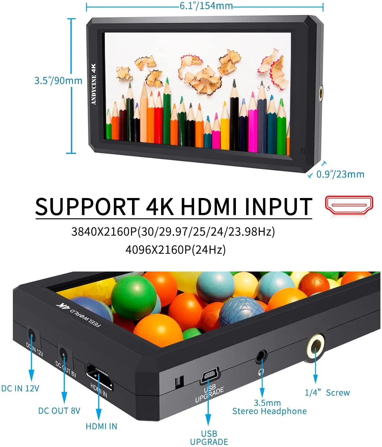 FEELWORLD F6 5.7 Inch FHD IPS On Camera 4K HDMI Monitor with Swivel Arm and 8V DC Power Output with Battery and Carry Bag