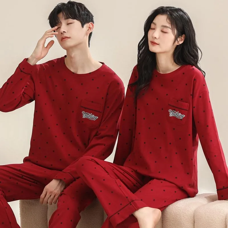 2024 Latest Bridal Couple Pajamas Big Red Spring Autumn Sleepwear Pure Cotton Long Sleeve Nightdress Festive Cartoon Pyjamas Set