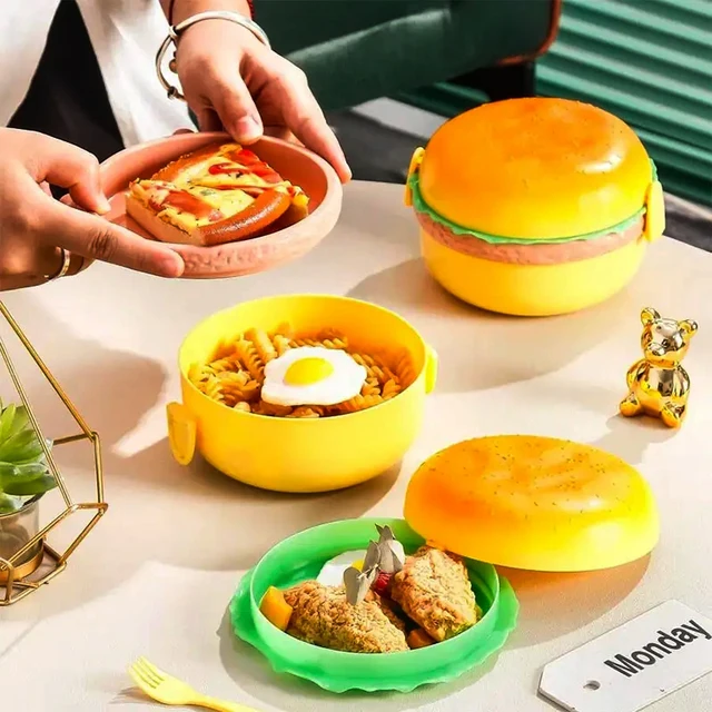 Boîte à déjeuner à Hamburger à Double niveau, boîte à Bento mignonne pour hamburger, micro-ondes, repas scolaire pour enfants, récipient alimentaire, fourchette, ensemble de vaisselle, cadeaux 3