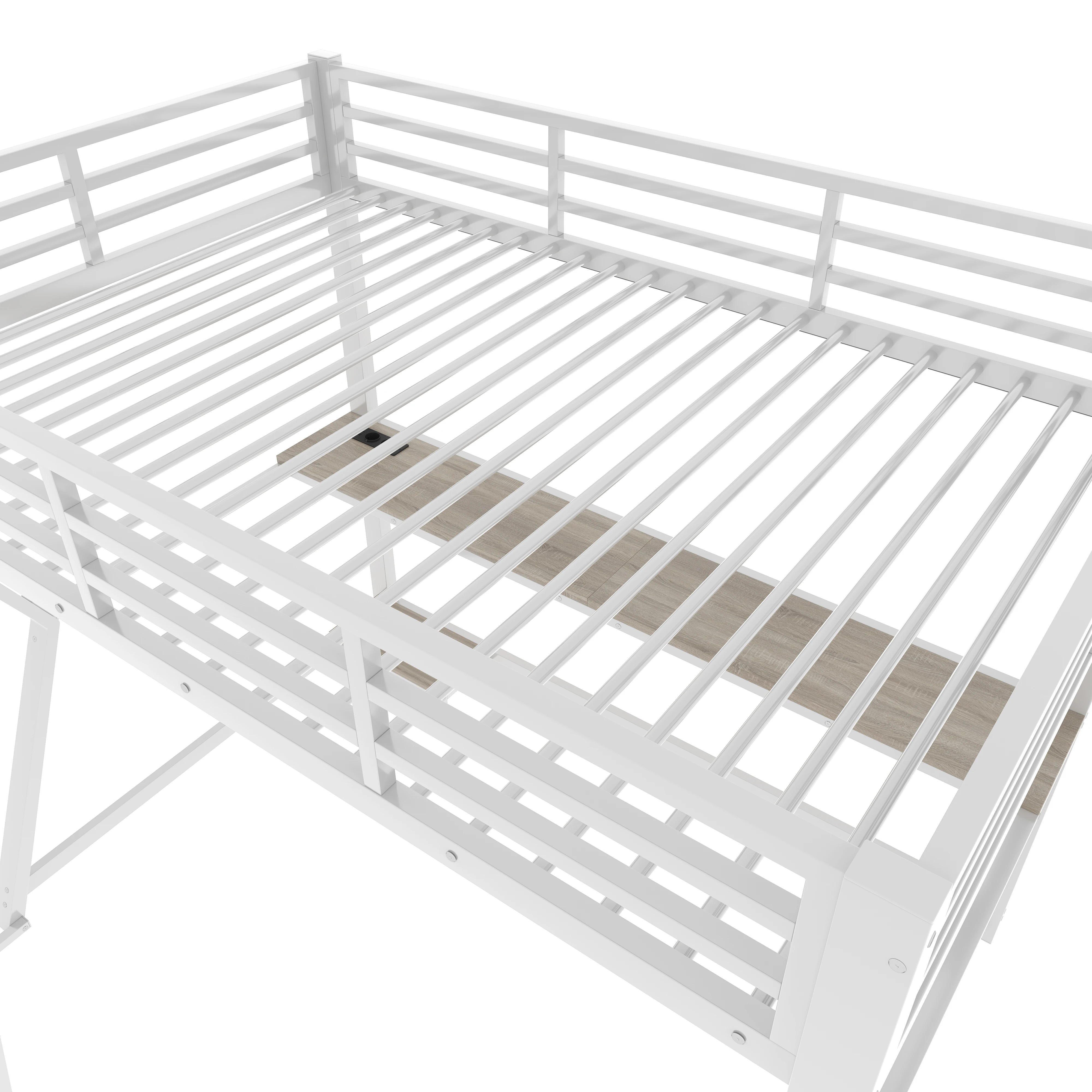 Hochbett, 90*200cm, mit LED-Beleuchtung, Computerkonsole, Schreibtisch, Steckdose + USB-Anschluss, Geländer, Treppe, ohne Matratze – Detail 19