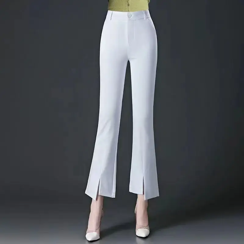 Spring and Autumn Women's Solid High Waist Slim Irregular Classic Flare Pants Button Fashion Casual Commuter All Match Trousers