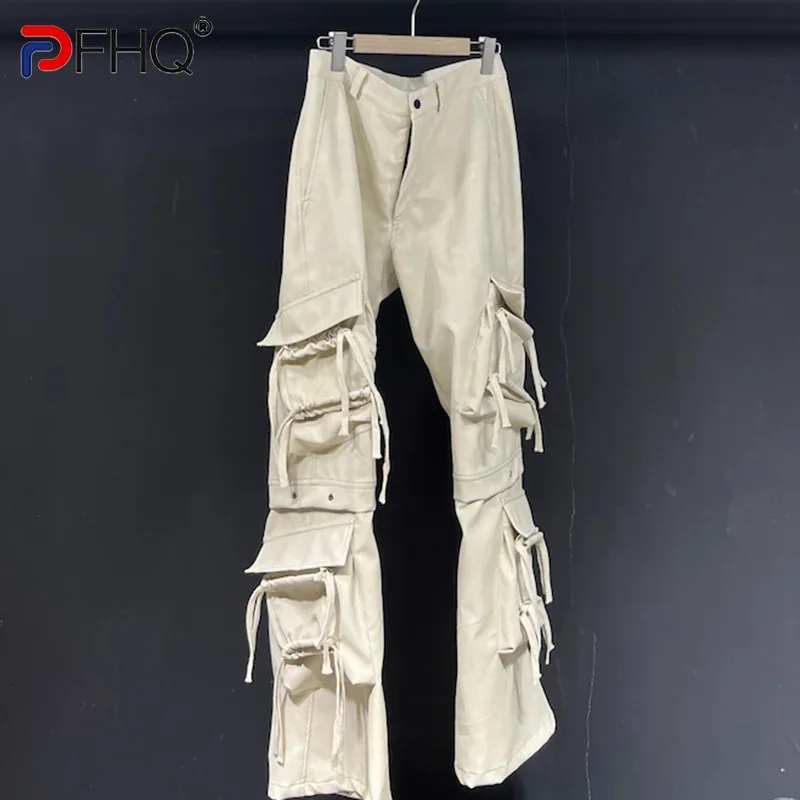 PFHQ Men's PU Leather Flared Pants Silhouette Ribbon Solid Color Safari Style Sports Camping Personality Trousers Autumn 21Z3403