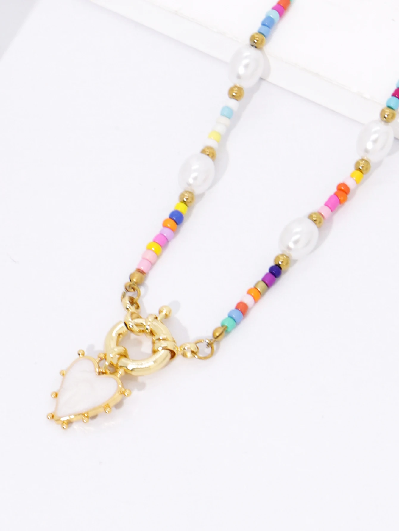 Womens Handmade Beaded Necklace with Heart Pendant & Golden Clasp