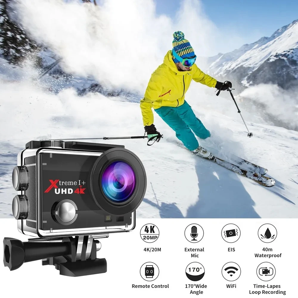 Go Pro 스포츠 액션 카메라 디지털 캠코더, 외부 마이크 리모컨 포함, 170 ° 광각 IP66 EIS, 4K, 30FPS, 20MP