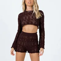 Beach Holiday Bohemian Knitted Two Piece Set Pajamas Women Long Sleeve Hollow Out Crop Top Pullovers + Slim Fit Short Ouftits - Image 4