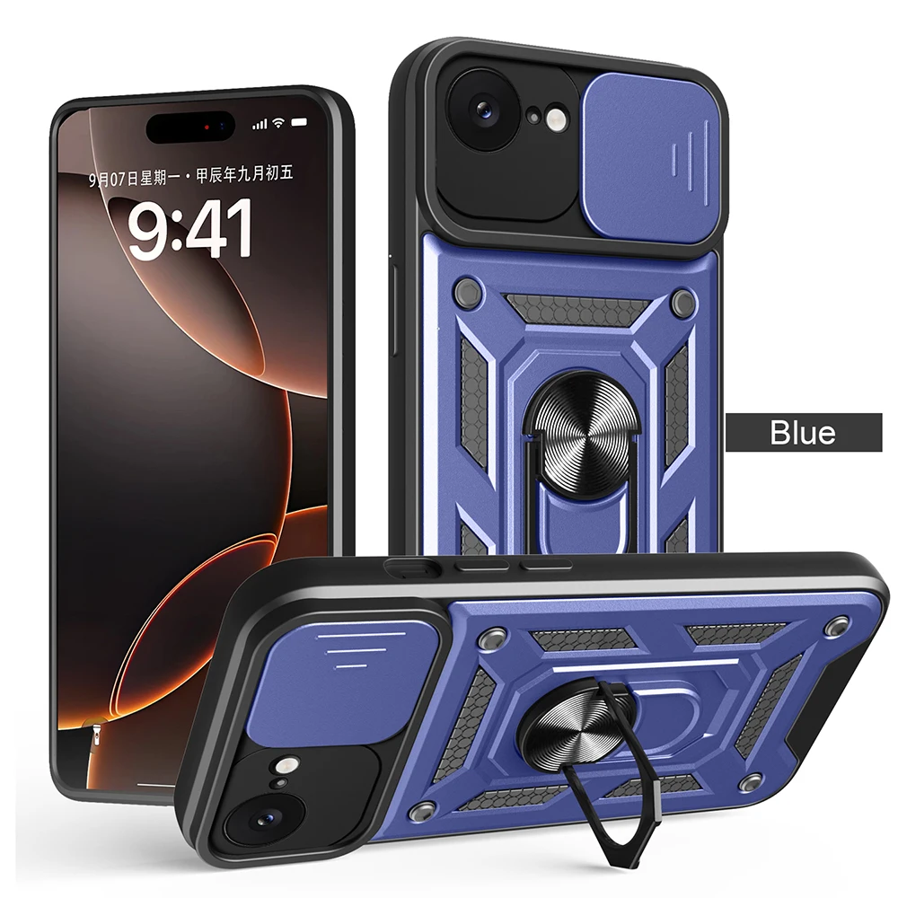 Dual-Layer Ring Kickstand Armor Case with Slide Lens Protection