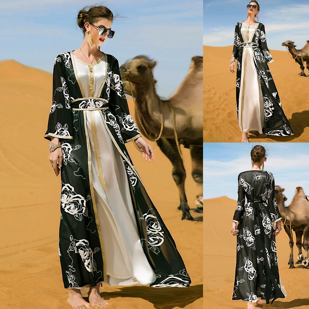 

Ramadan Arabic Abaya Muslim Women 2 Pieces Set Open Cardigan Satin Maxi Dress Embroidery Outfits Party Holiday Turkey Caftan