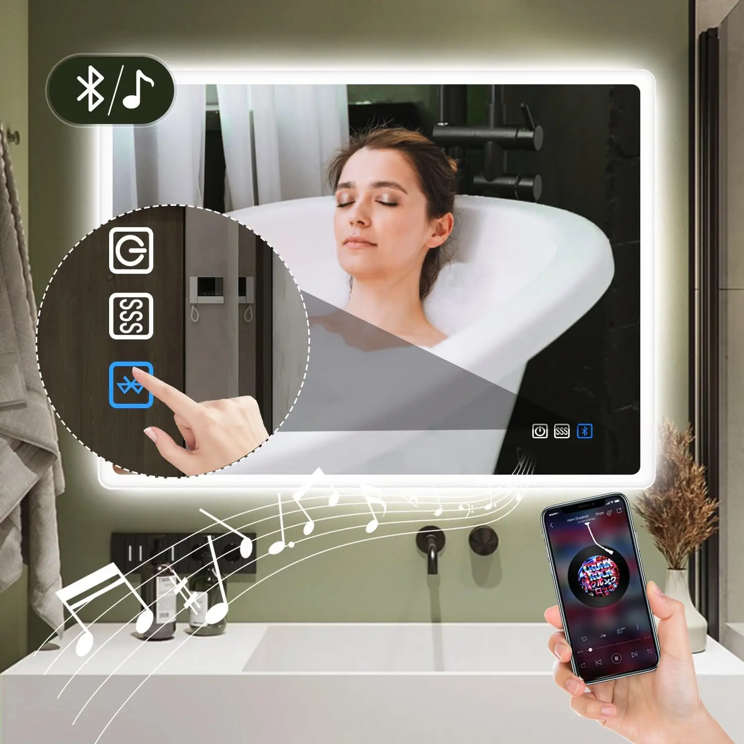 LED-Bathroom-Mirror-with-Lights, Wall-Mounted with Bluetooth Speaker