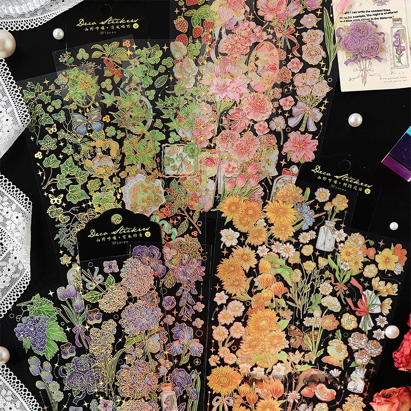 3 Pcs Bronzing Flowers Stickers Aesthetic Diy Scrapbooking Journal Deco Album Deco DIY Diary Stationery cartoon stickers,decorative stickers,self adhesive stickers,custom stickers,stationery stickers,anime stickers,paper stickers,adhesive stickers,decorative labels stickers,animal stickers