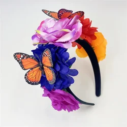 Flower Butterfly Headbands Bridal Hair Ornaments Rose Floral Hairbands for Women Bezel Hair Bands Spring Wedding Garlands Crown