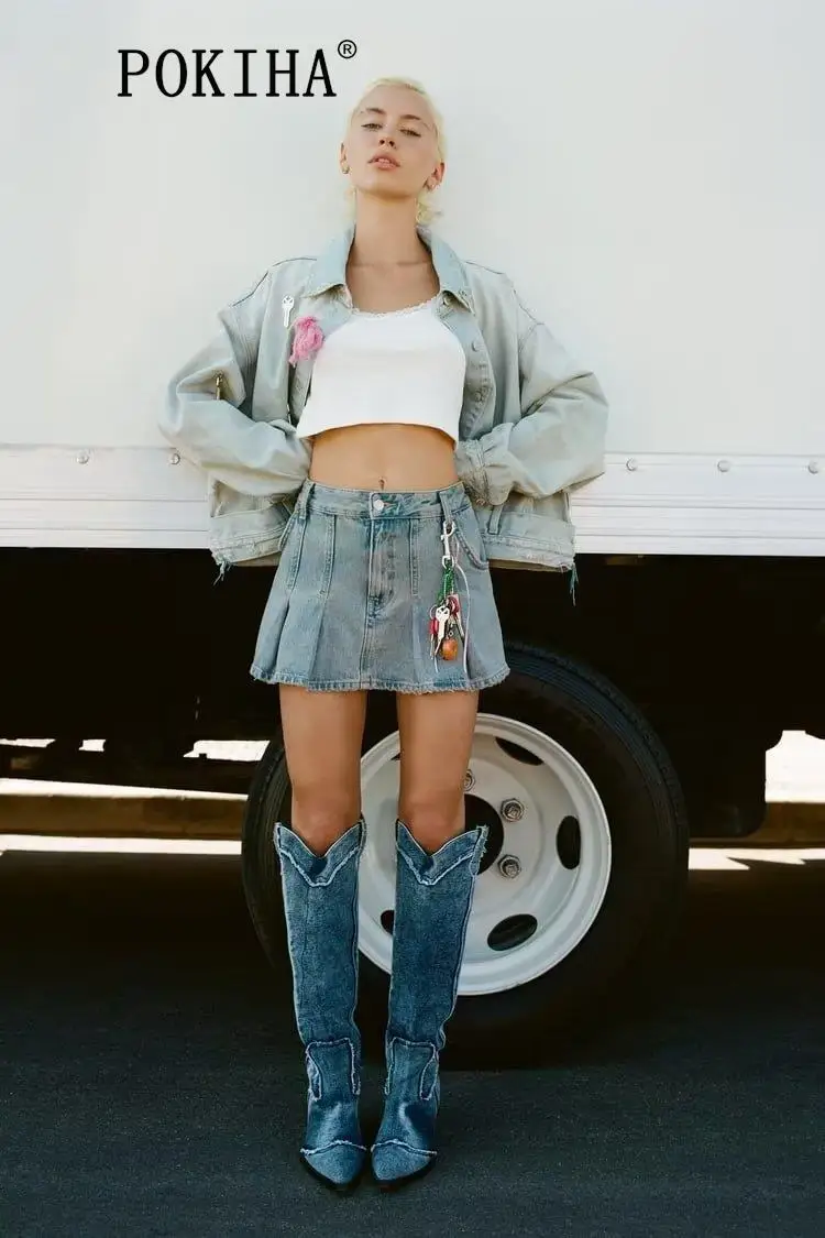 

Pokiha Fashion Women High Waist Pleated Denim Mini Skirt Side Pockets Vintage Zipper Fly Chic Female Short Skirts Mujer