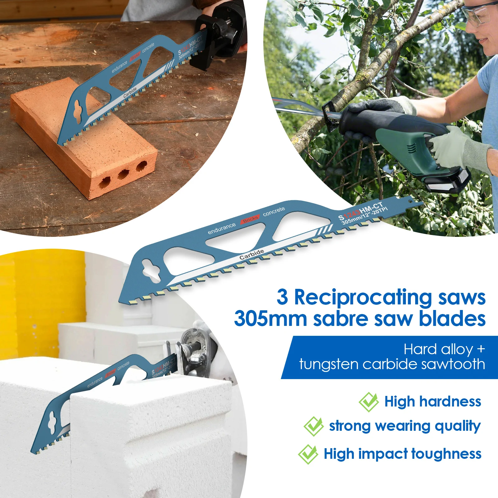 3Pcs Reciprocating Saw Blade 240mm/305mm Saber Saw Multi Saw Blades Cutting Tungsten Carbide Brick Concrete Power Tool Accessory