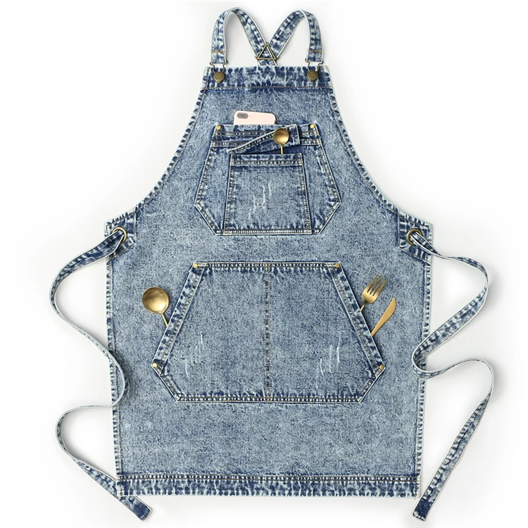 Verdickte, verschleißfeste, gewaschene Denim-Schürze mit großer Tasche für Damen und Herren, modische Schürze für Küche, Arbeit, Friseur, Café – Detail 3