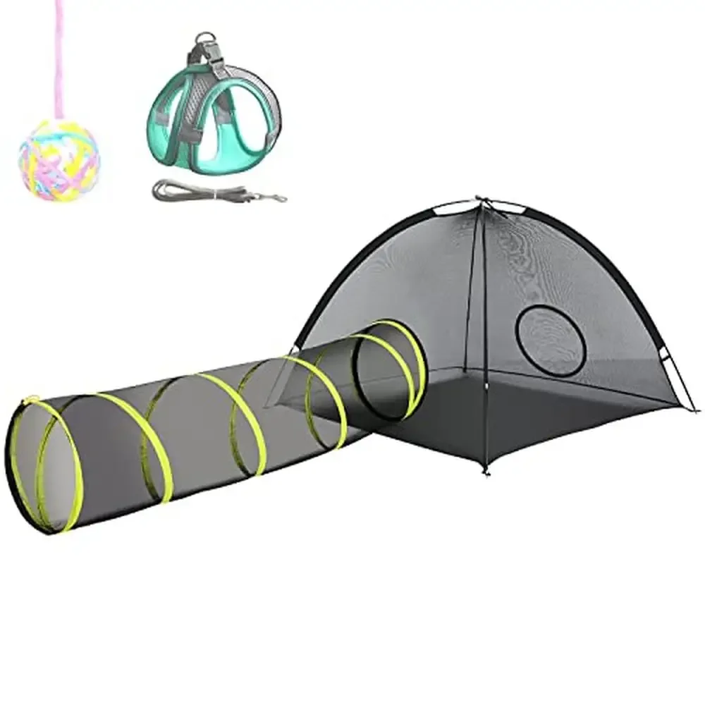 Portable Mesh Cat Playhouse with Harness & Leash Tunnel & Tease Ball Included Indoor/Outdoor Foldable Cat Enclosures Small Pets