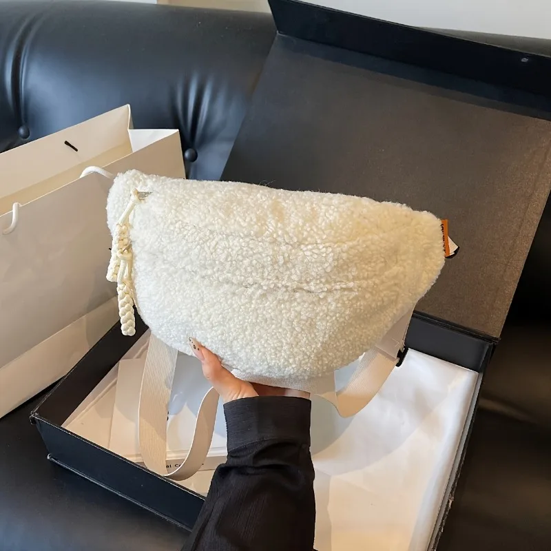 Men's Women's Casual Solid Color Plush Material Chest Bag, Fashionable Daily Commuting Waist Bag, Plush Crossbody Shoulder Bag